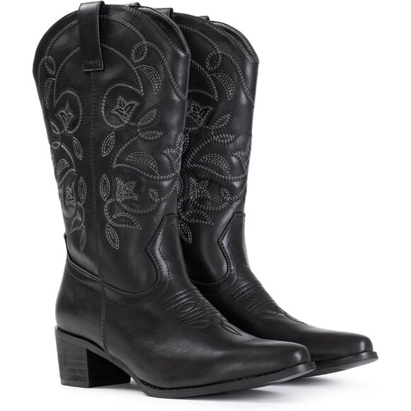 Iuv Cowgir Mid Calf Boot Women Black Faux Leather Pointy Toe Not Water Resistant - Picture 5 of 8